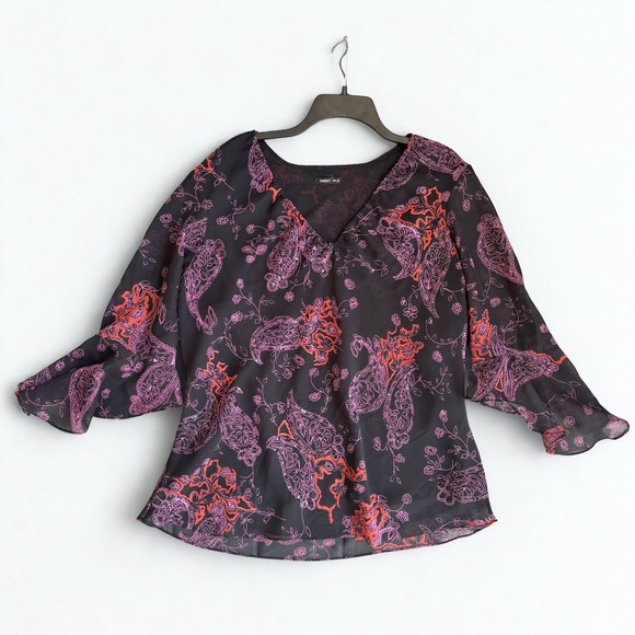 Tops - Sweet Silk Black And Purple Flutter Sleeve Top Dark Fairy‎ Whimsigoth L